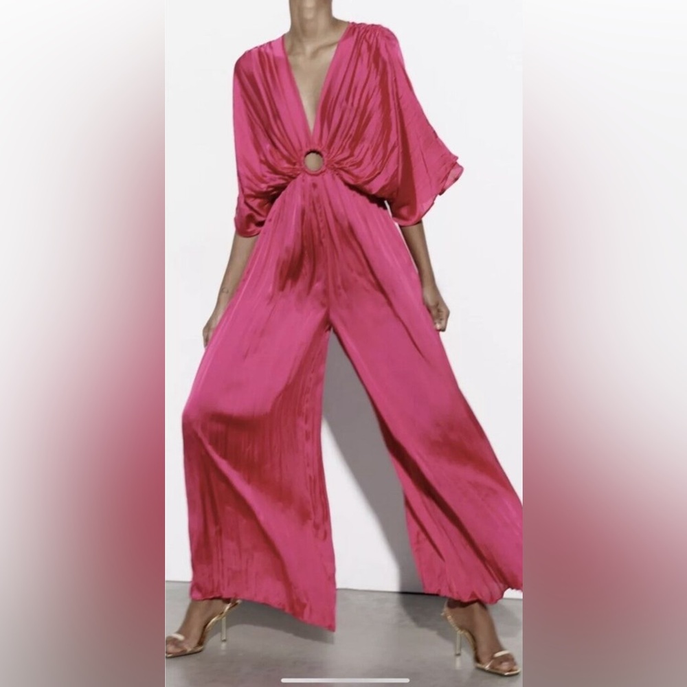 Deep V Pink Wide-Leg Jumpsuit with Ring Detail